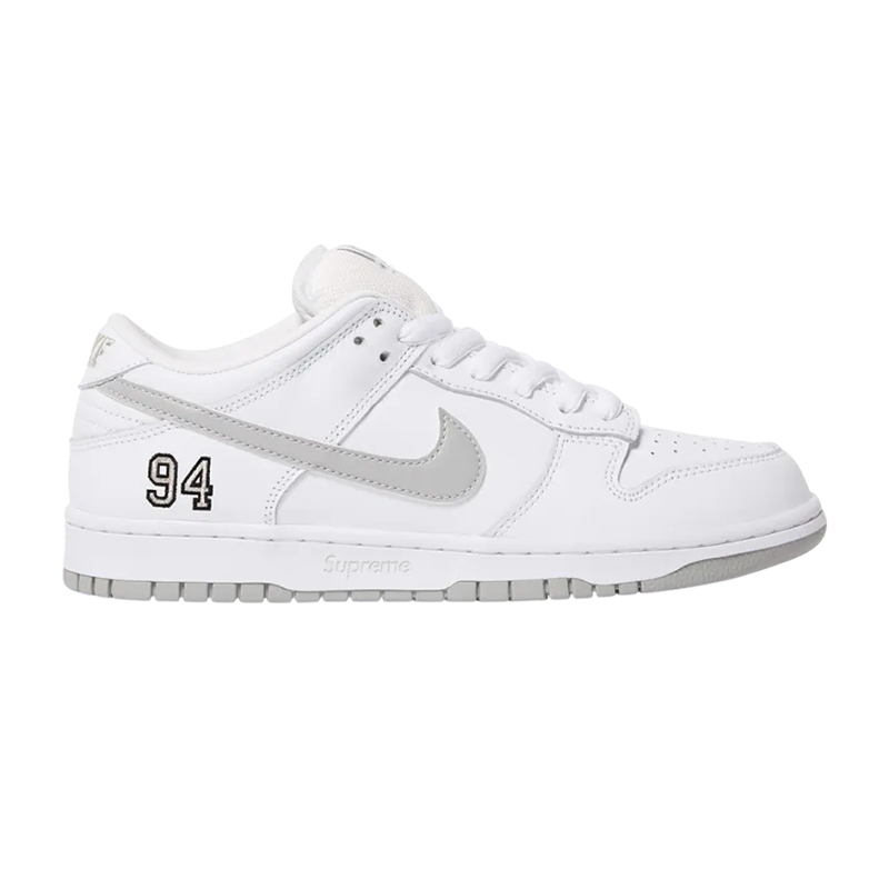 Supreme × Nike SB Dunk Low "White/Metallic Silver" (25FW Week2)